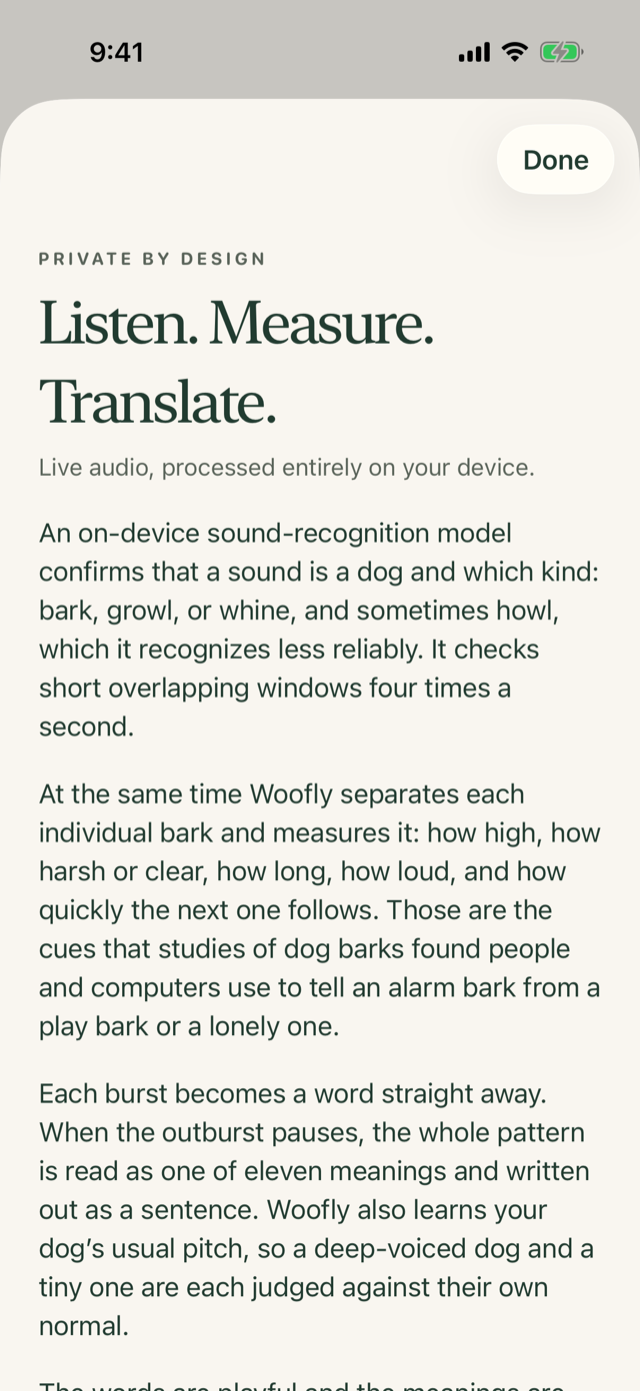 The How it works sheet: Listen, Measure, Translate, with links to the bark research