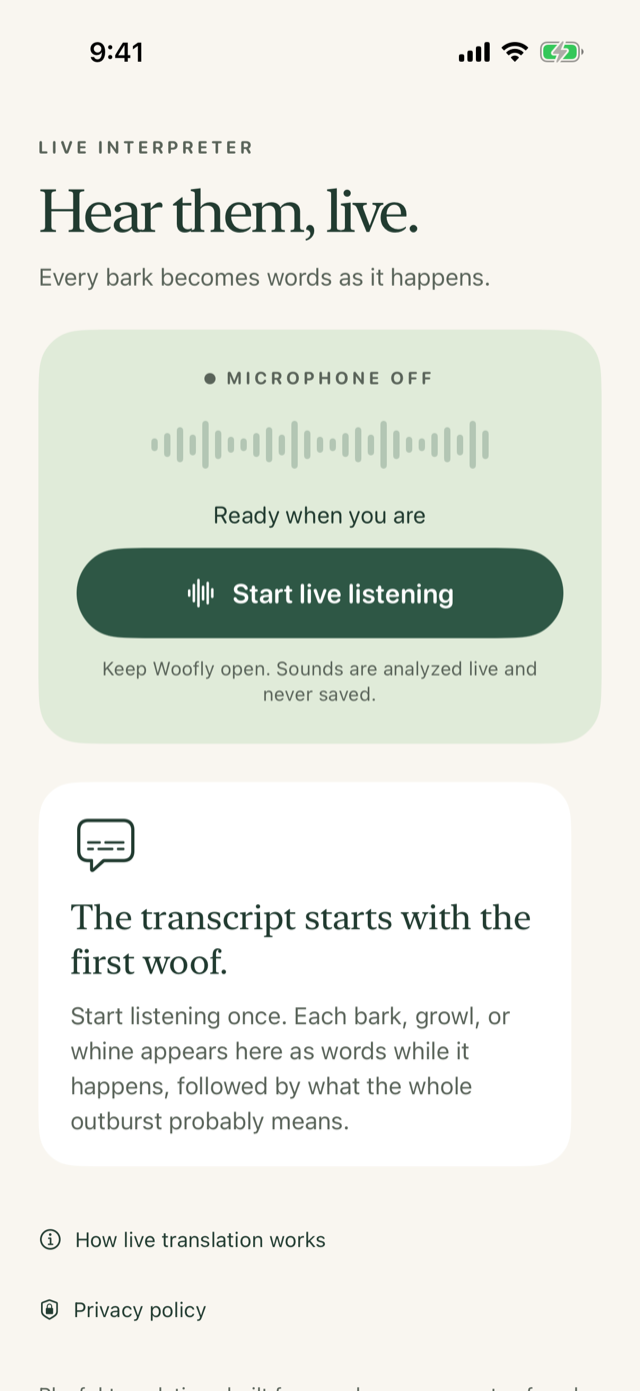 The Listen screen at rest: Hear them, live, a microphone level meter, a Start live listening button, and an empty transcript card