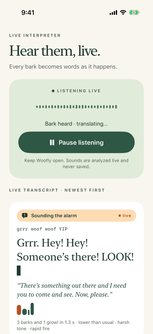 The live transcript while listening: each bark as a word, a sentence for the outburst, a small picture of the bursts, and the measurements behind the reading