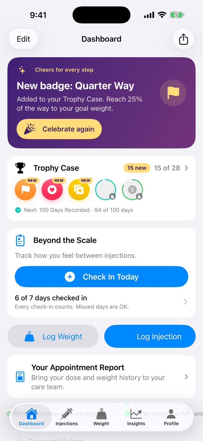 PenPal dashboard with a new badge, the Trophy Case, a daily check-in and logging buttons